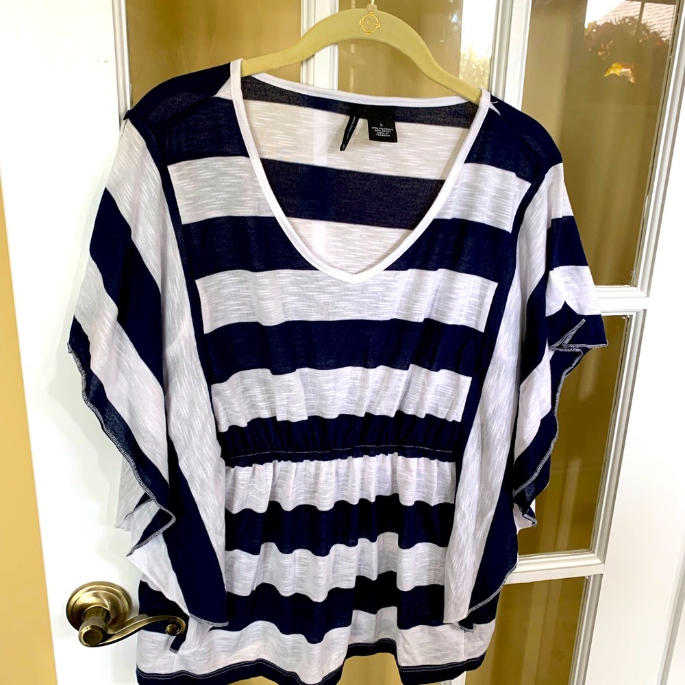 Navy and white top with butterfly sleeves size large